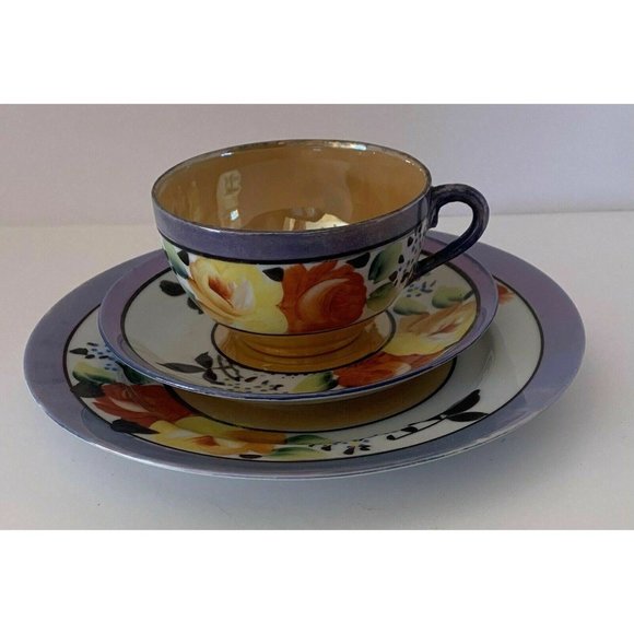 Other - Vintage Lusterware Dessert Plate Cup Saucer Japan Peach Blue Floral Lustreware